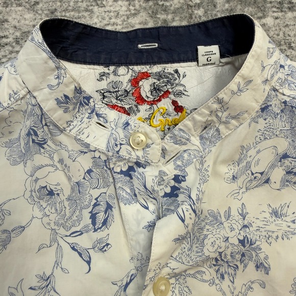 Robert Graham Shirt Men Large White Blue Floral Band Collar Flip Cuff Art Party - Picture 8 of 14